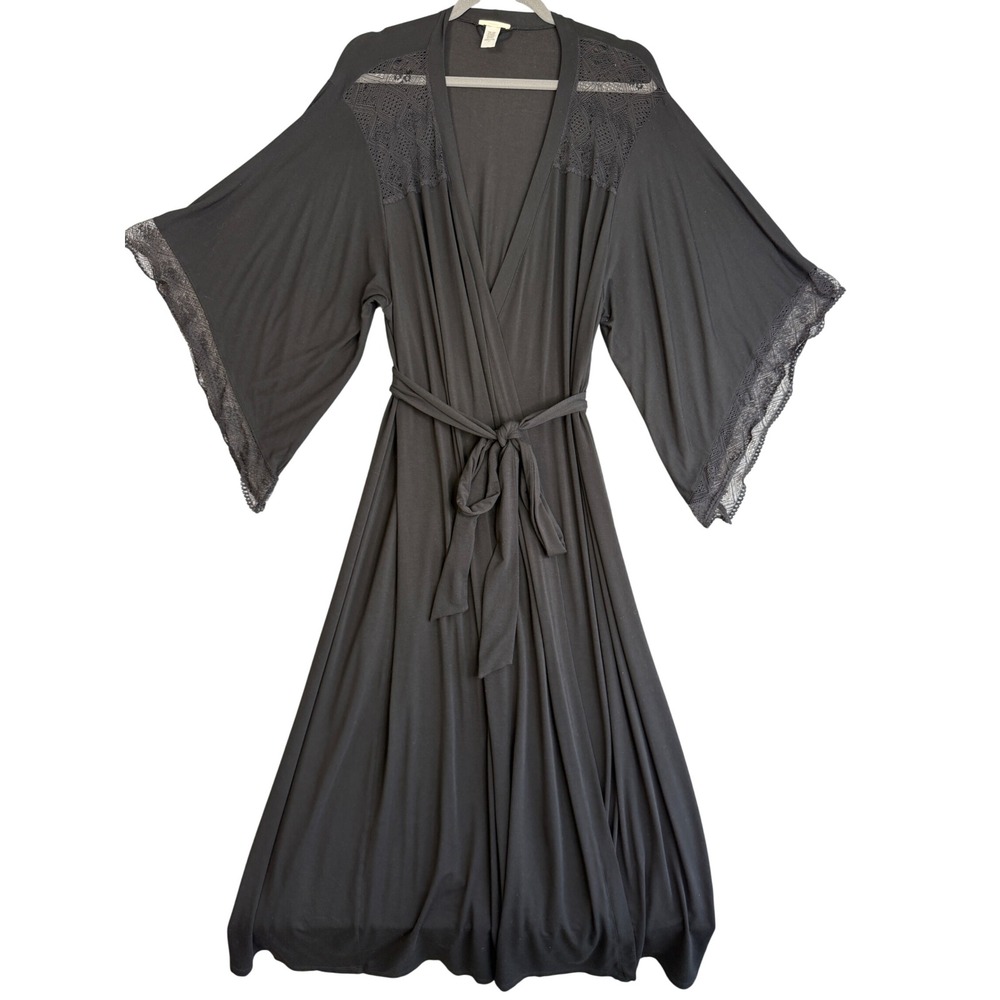 Eberjey Lace Trim Modal Robe Womens M Black Kimono Sleeve Long Luxury Loungewear